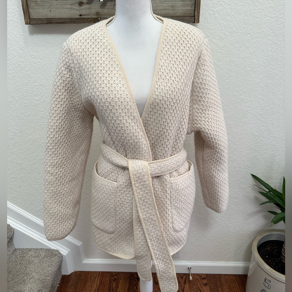 MOTHER The Puffer Robe cream waffle knit Sherpa lined cardigan‎ wrap size XL